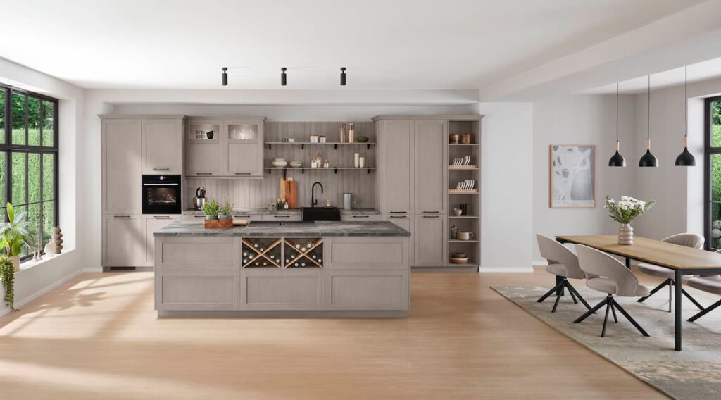 Textured grey wood kitchen cabinets with open shelving highlighting a natural living palette.