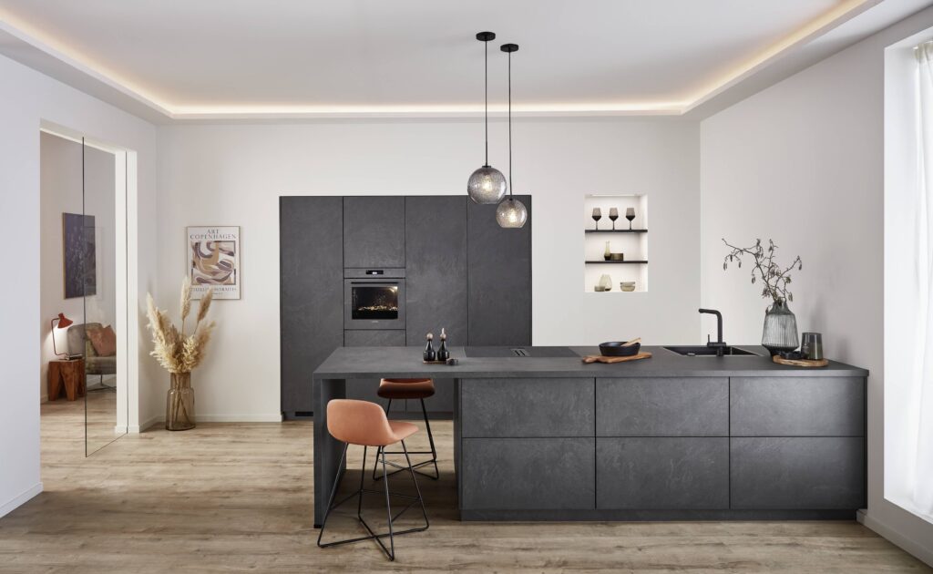 textured matte island handleless minimal kitchens 1